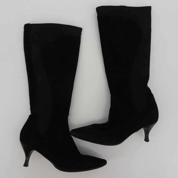 Aquatalia Women 8.5 Black Suede Knit Stretch Kitten Heel Boots Pointed Toe Zip - Picture 12 of 15